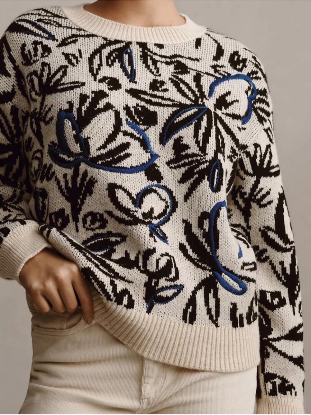 By Anthropologie Floral Pop Art Embroidered Pullover Sweater Blue/Black Size XXS - Picture 6 of 11